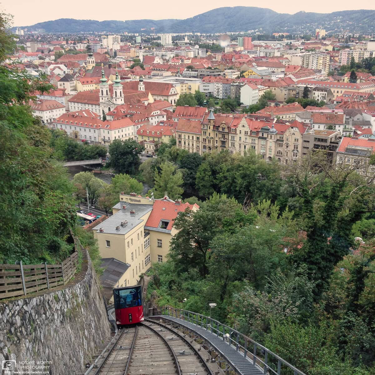 The Schlossberg Funicular ("Schlossbergbahn" in German) ascends to the top of Schlossberg Hill in Graz, Austria. © 2013 Norbert Woehnl Photography.