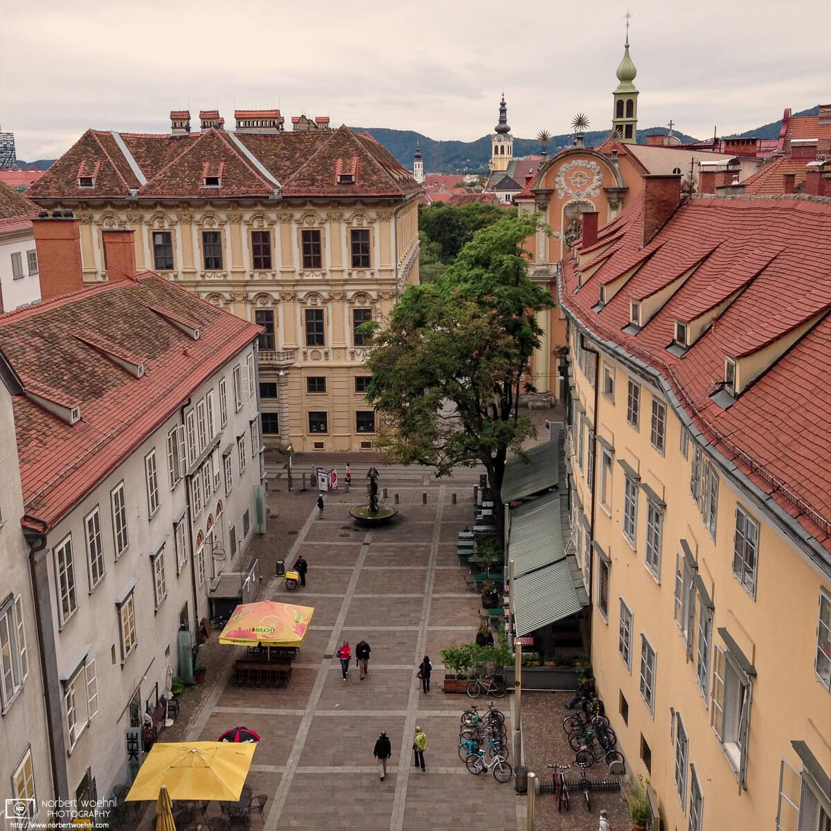 View of Schlossbergplatz and historic buildings in the city center of Graz, Austria. © 2013 Norbert Woehnl Photography.