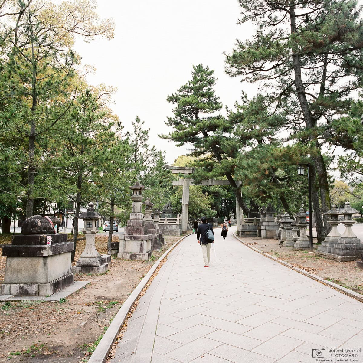 Stone lantern-lined approach to Kitano Tenmangu Shrine in Kyoto, Japan. © 2016 Norbert Woehnl Photography.
